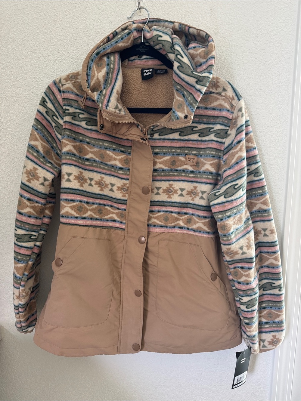 Billabong Tan & Multicolor Patterned Hooded Teddy Jacket